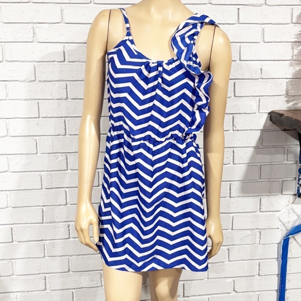 Envy Me Blue White Chevron One Shoulder Ruffle Romper Womens Large